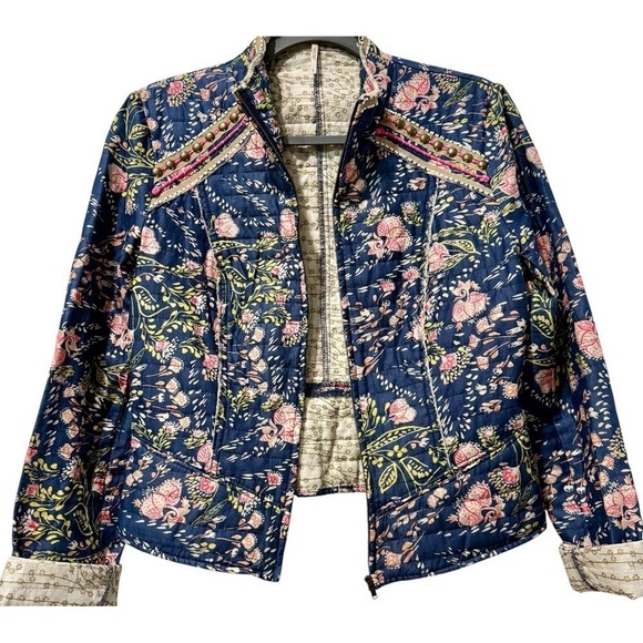 Free People Meadow Navy and Pink Floral Bomber Jacket - Picture 5 of 8
